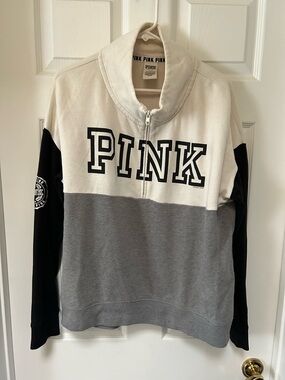 PINK Victoria's Secret Colorblock Half-Zip Sweatshirt in White, Gray & Black